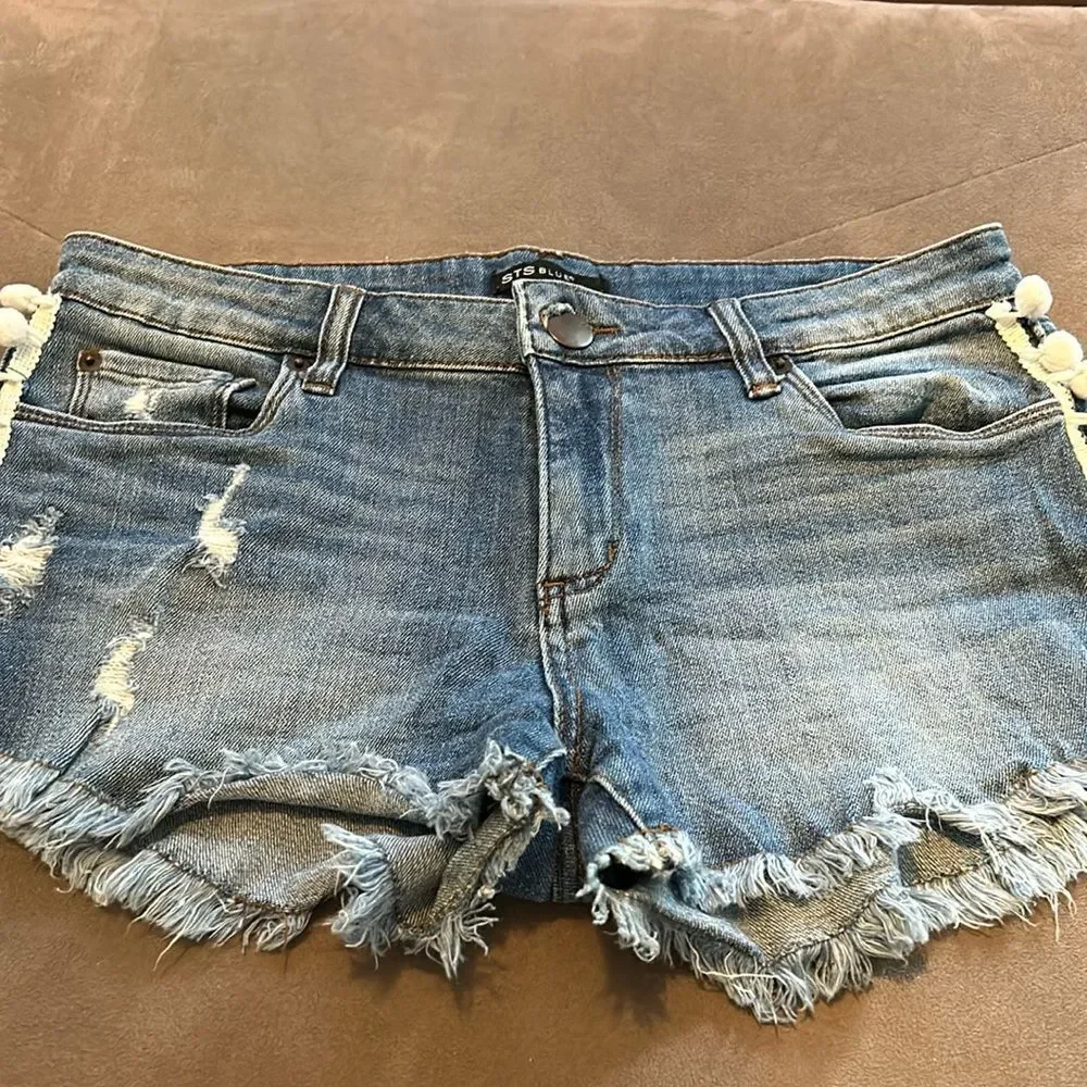STS Blu Distressed Blue Jean Shorts with Pom-Pom Trim - Picture 9 of 12